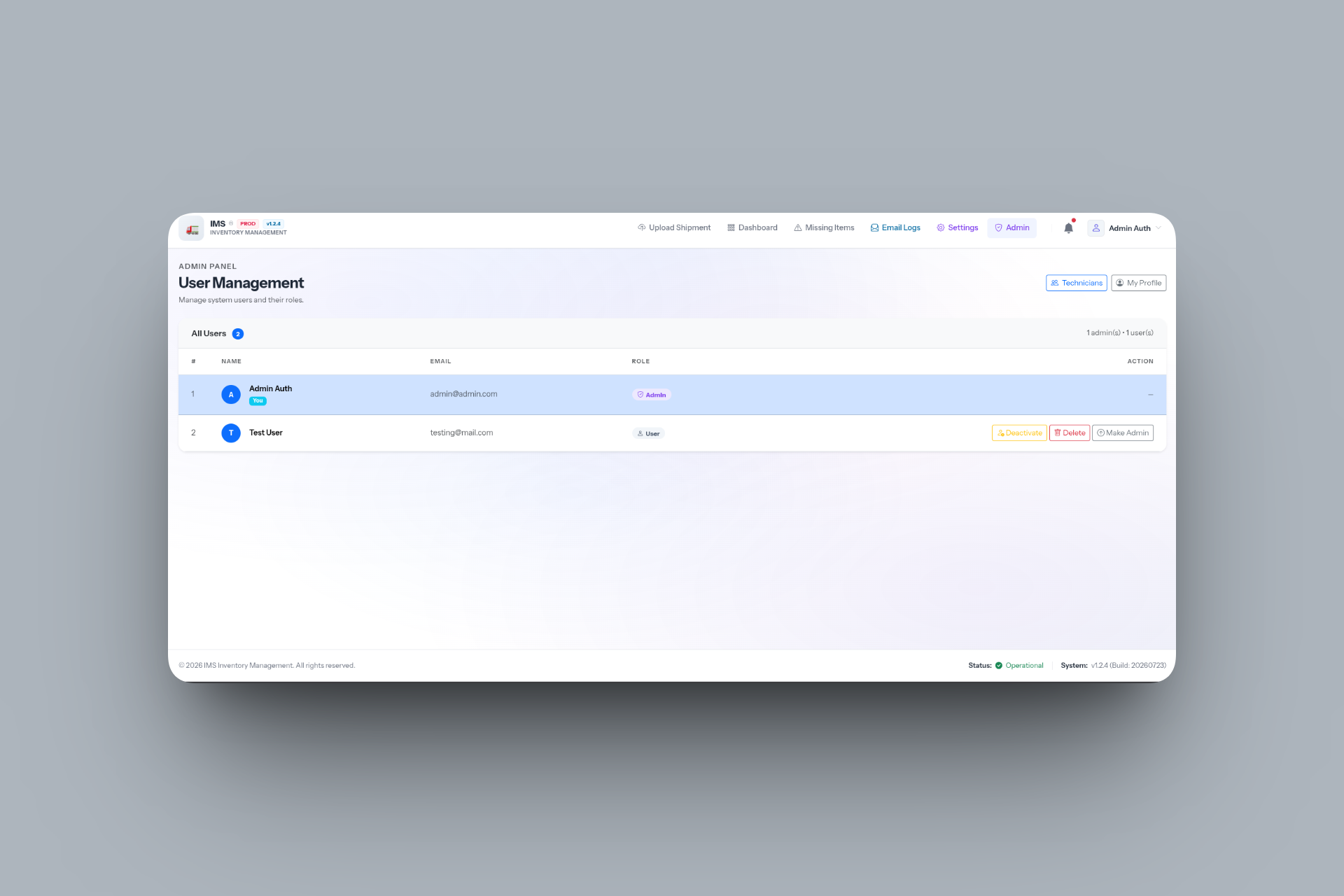 Shipment Tracker & IMS — interface overview