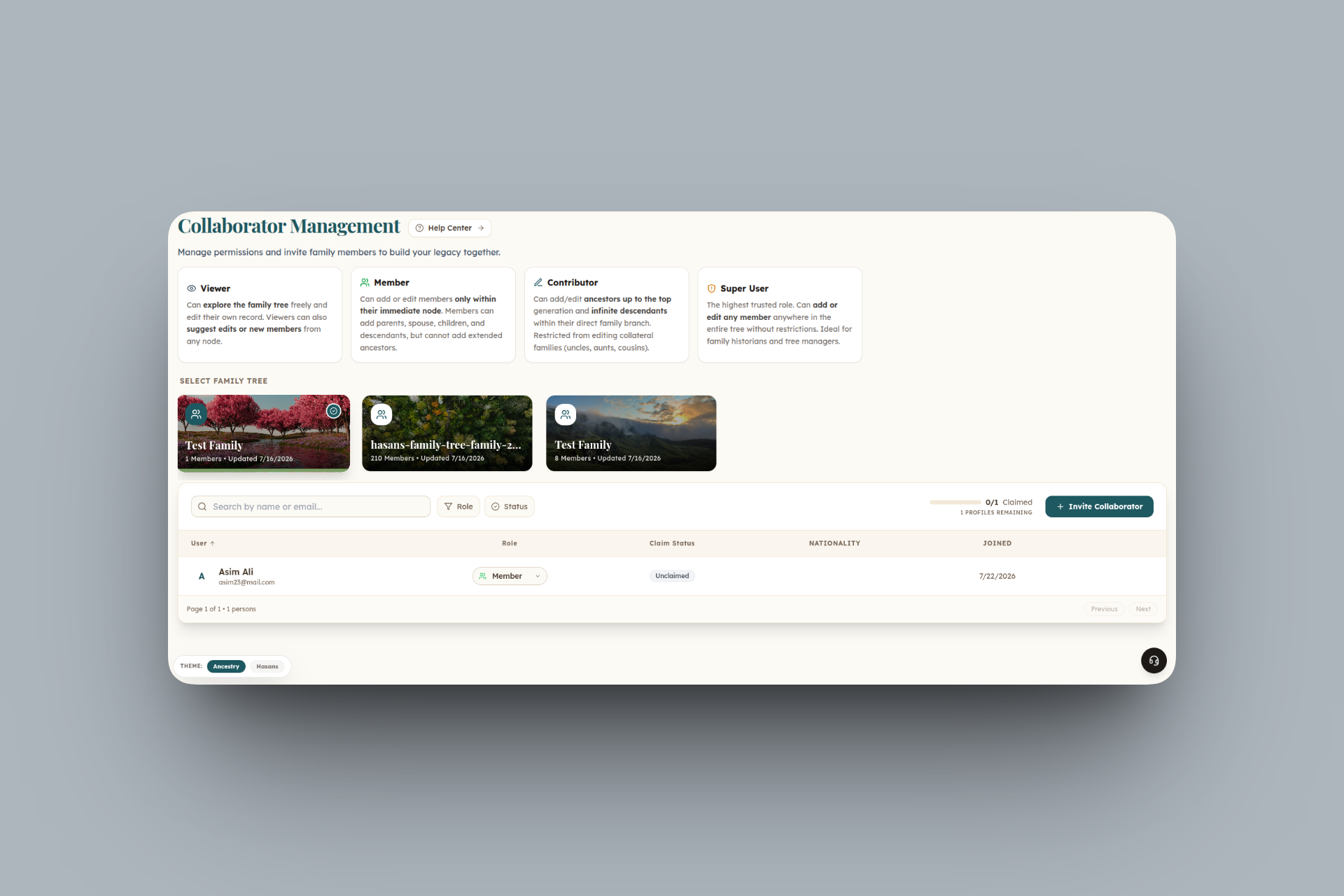 Genealogy SaaS Platform — interface overview