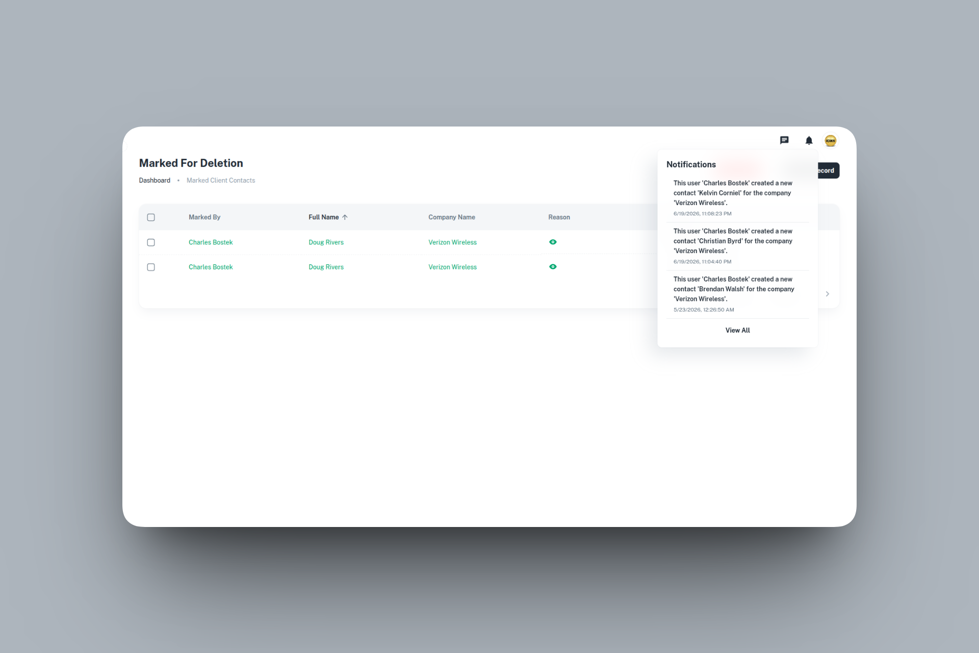 CCMS (Client Contact Management System) interface detail 2