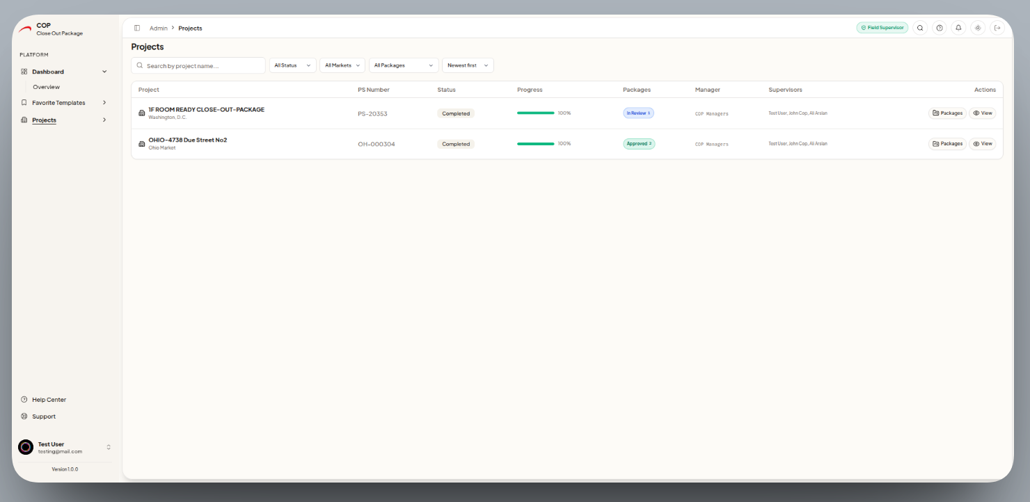 Close-Out Package (COP) System — detailed workflow
